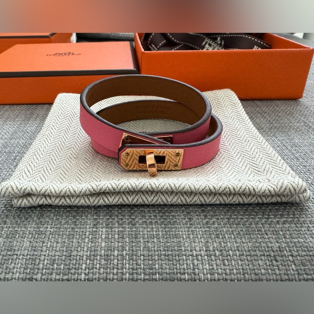 Hermes Mini Kelly Double Tour Bracelet Rose Azalee with rose gold hardware Sz T1